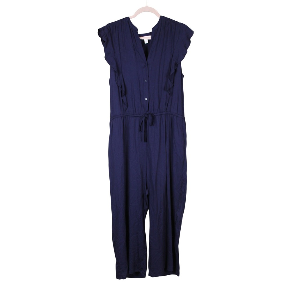 Popsugar Boho Chic Relaxed Navy Blue Ruffle Short Sleeve Wide Leg Jumpsuit XL